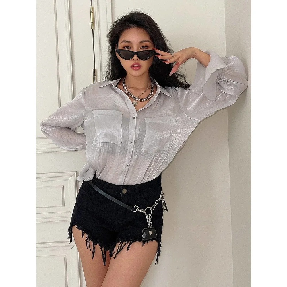 Dual Pocket Front Flounce sleeve button down Shirt white - Picture 7 of 8